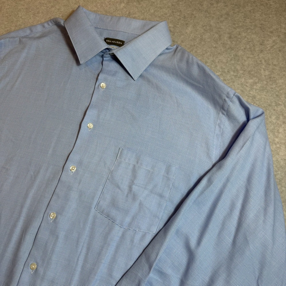 Van Heusen Mens 2XL 18-18.5 34-35 Blue Check Wrinkle Free Dress Shirt Regular Fi
